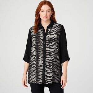 Susan Graver High Low Zebra Print Blouse Black Gray Chic & Modern Size 14